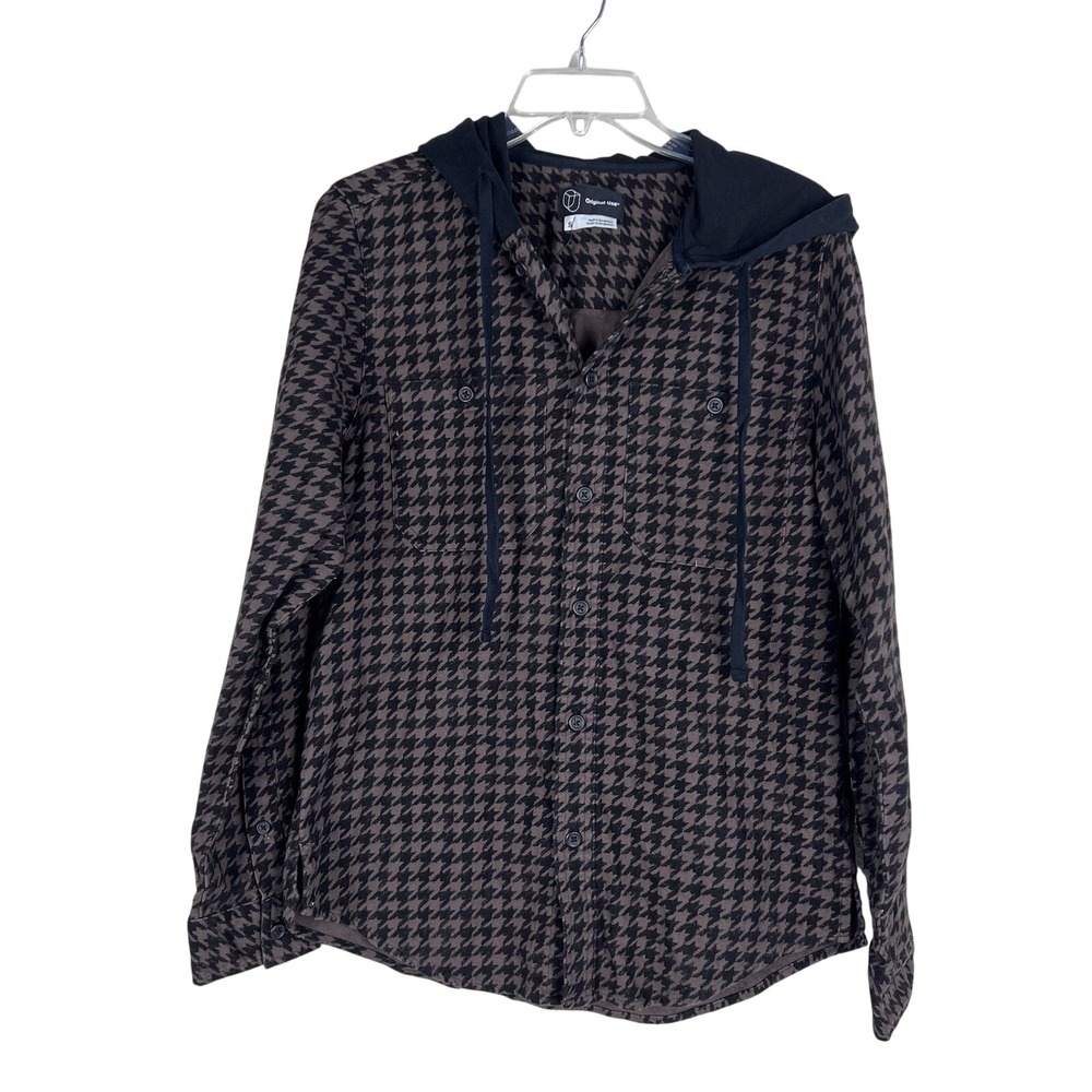 Original Use Mens Small Hoodie Shirt Brown‎ Houndstooth Hooded Button Up NWT